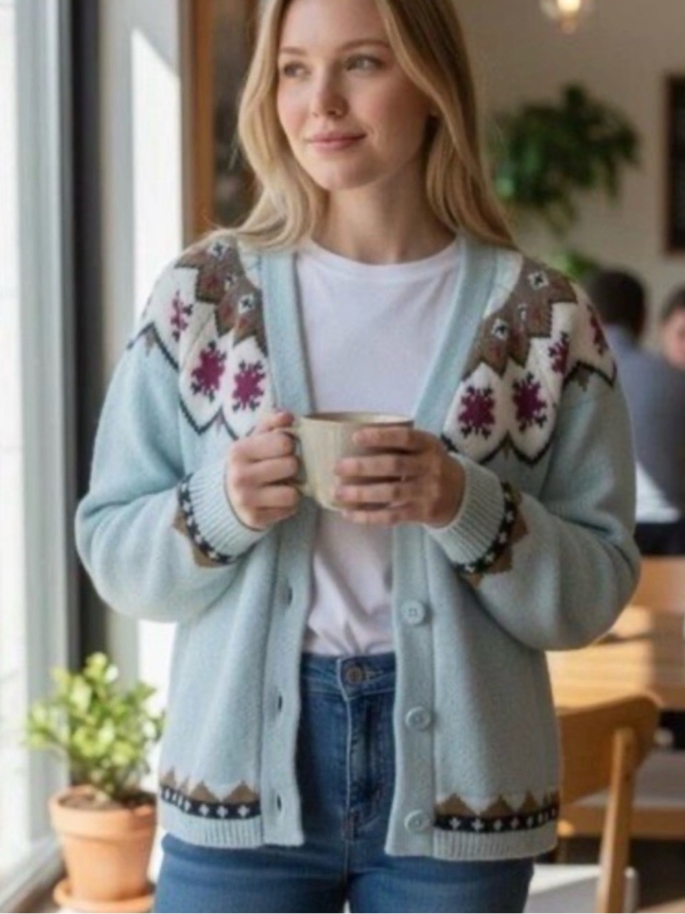 Bailey cardigan traditional Nordic-inspired fair isle pattern around neckline
